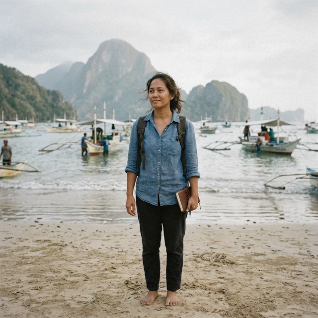 Rhea Bacosa, travel writer based in El Nido, on the town beach where el nido island hopping tours board their boats, Palawan, Philippines