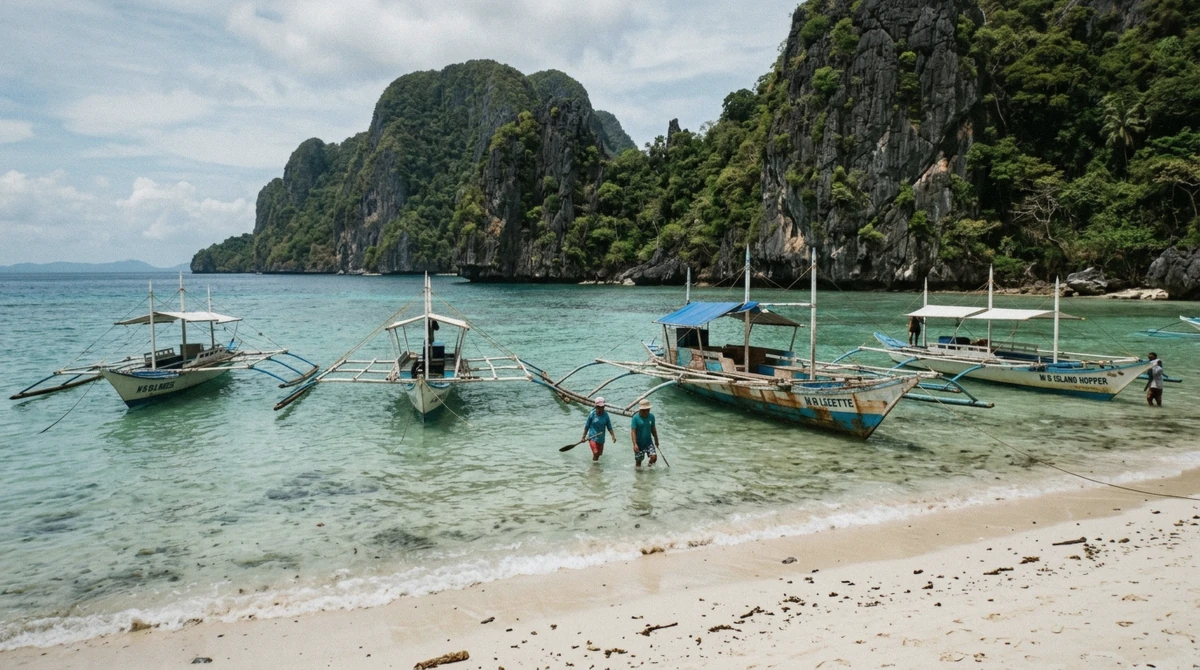 Wooden bangka outrigger boats moored off a white sand beach between limestone karst islands on an El Nido island hopping tour in Bacuit Bay, Palawan