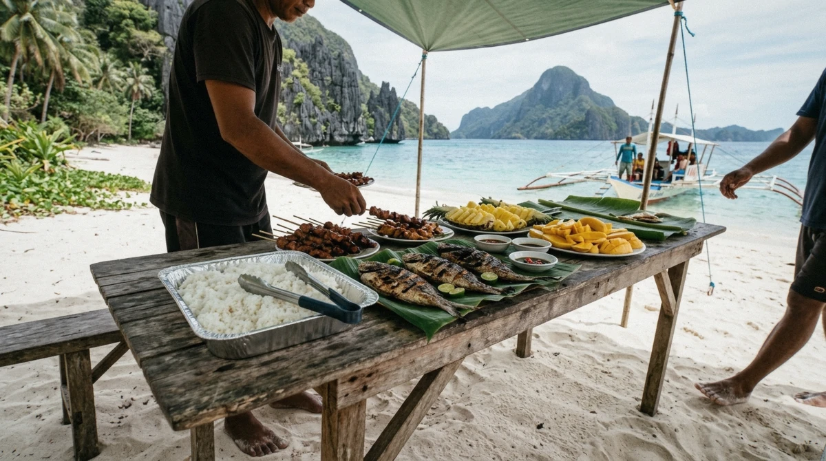 Crew serving grilled fish and rice at a beach buffet lunch during an El Nido island hopping tour in Bacuit Bay, Palawan