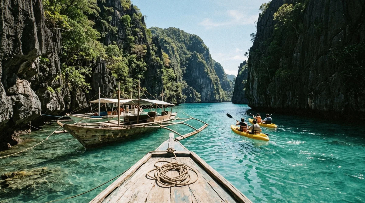 Bangka boats moored at the entrance to the Big Lagoon with kayakers heading in on Tour A of the el nido island hopping tours, Palawan