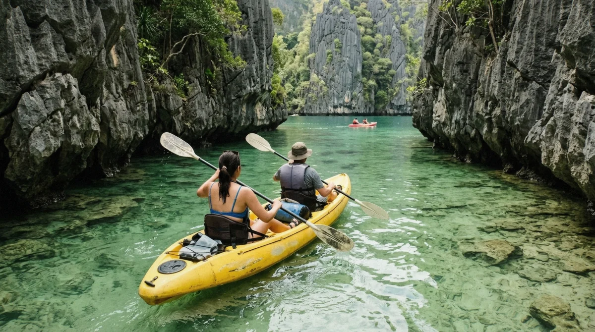 Kayakers paddling into the turquoise Big Lagoon between limestone cliffs on a Tour A El Nido island hopping tour, Bacuit Bay, Palawan