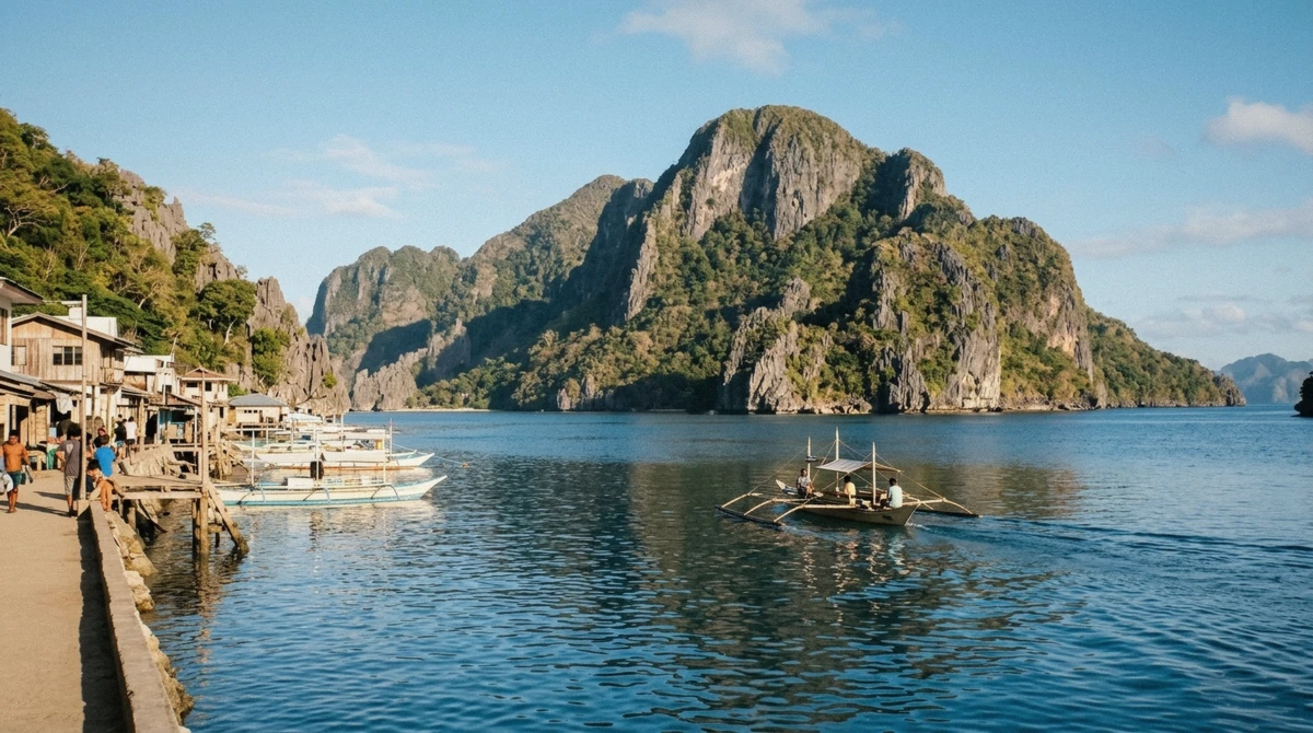 Cadlao Island rising across the channel from El Nido town with a bangka crossing on the Tour D el nido island hopping route, Palawan