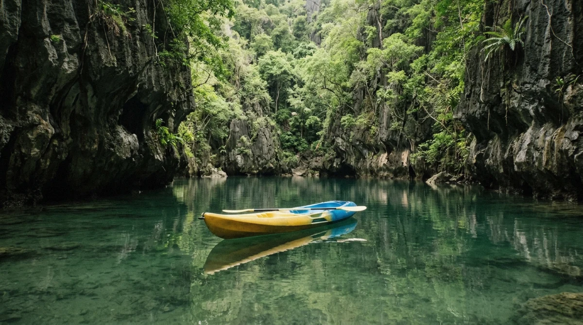 Kayak drifting inside the enclosed Small Lagoon under limestone walls on a Tour D El Nido island hopping tour, Bacuit Bay, Palawan
