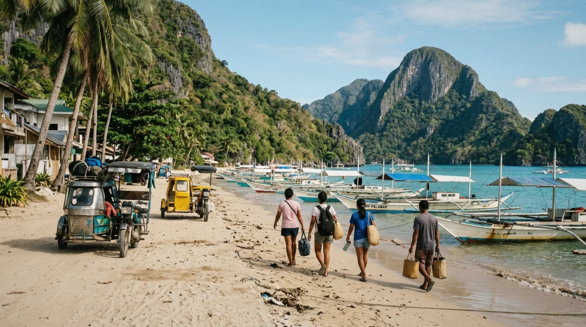 Tricycles and outrigger boats along the town beach at El Nido where the island hopping tours board, Palawan