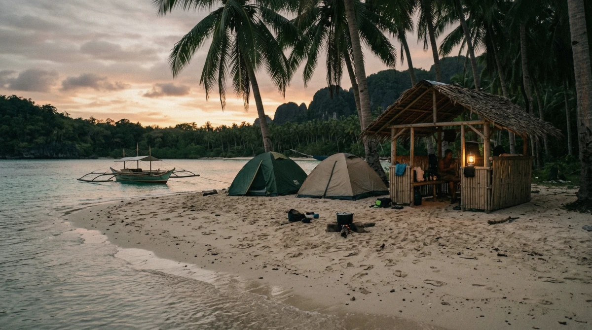 Tents and a bamboo hut on a remote beach at sunset on the El Nido to Coron expedition, part of the el nido island hopping tours, Palawan