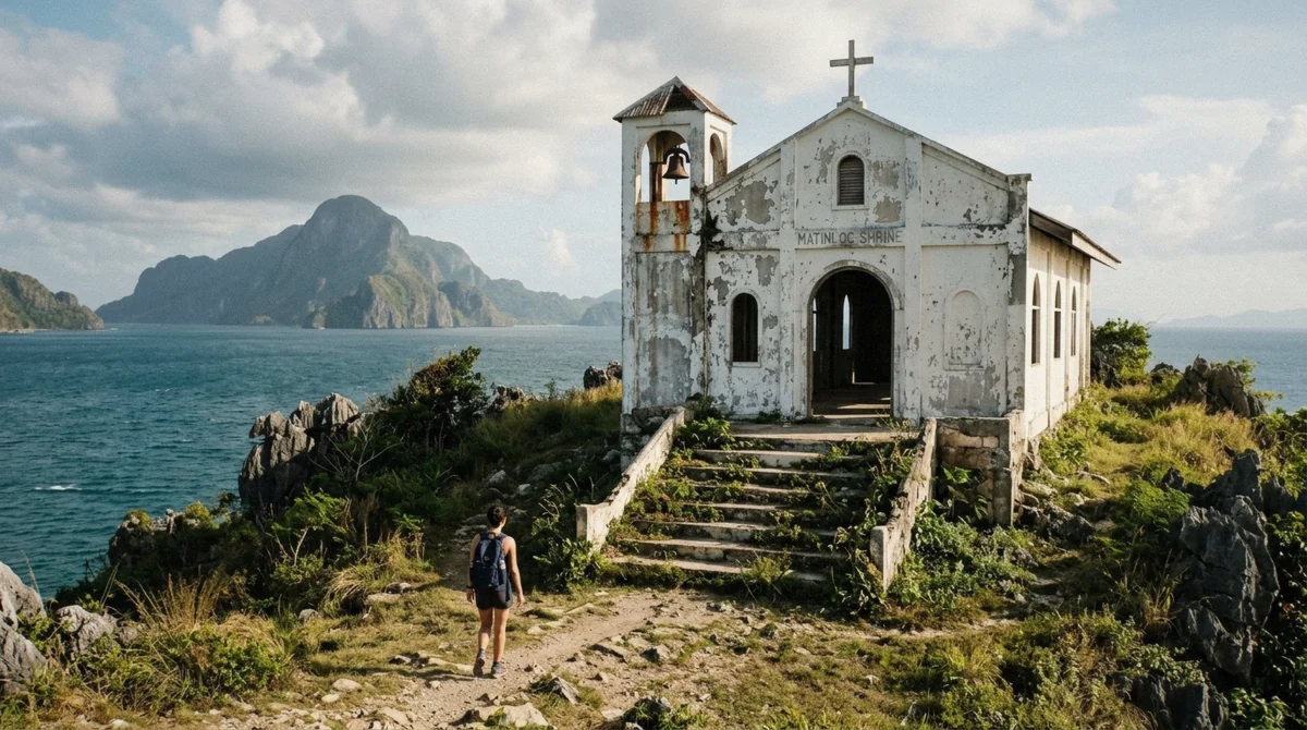 The abandoned white chapel of the Matinloc Shrine on its headland above the Tapiutan Strait, a stop on Tour C of the el nido island hopping tours, Palawan