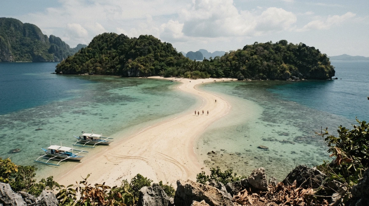 The sandbar at Snake Island stretching between two islands on Tour B of the el nido island hopping tours, Bacuit Bay, Palawan