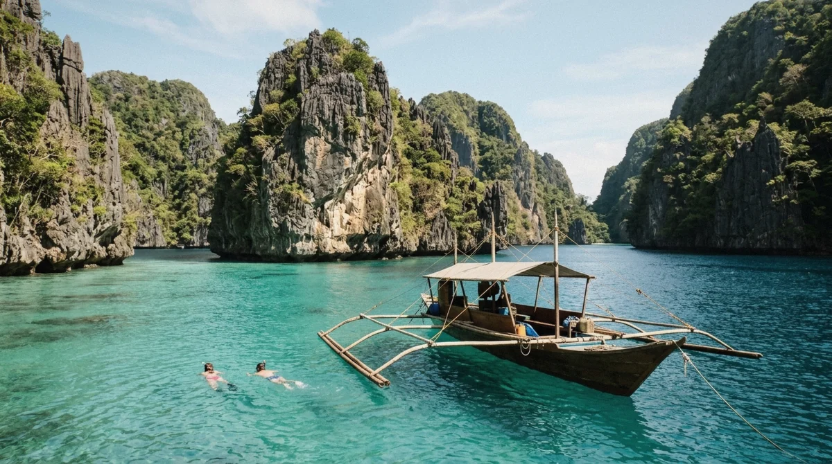 Turquoise lagoon water ringed by limestone cliffs with a bangka anchored at the entrance on an el nido island hopping tour, Bacuit Bay, Palawan